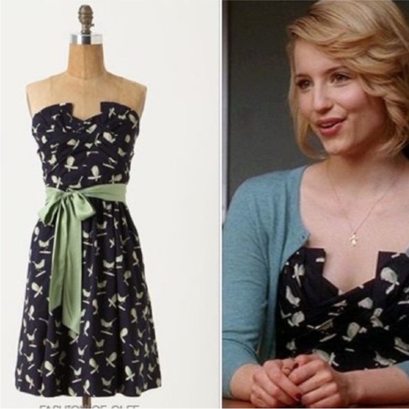 Anthropologie Porridge Sing Sweetly navy and mint strapless birds dress 4 - Picture 1 of 7